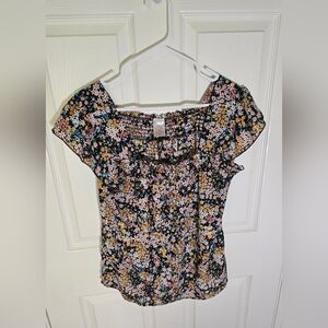 No Boundaries Womens Floral Stretchy Flutter Sleeve Blouse Large